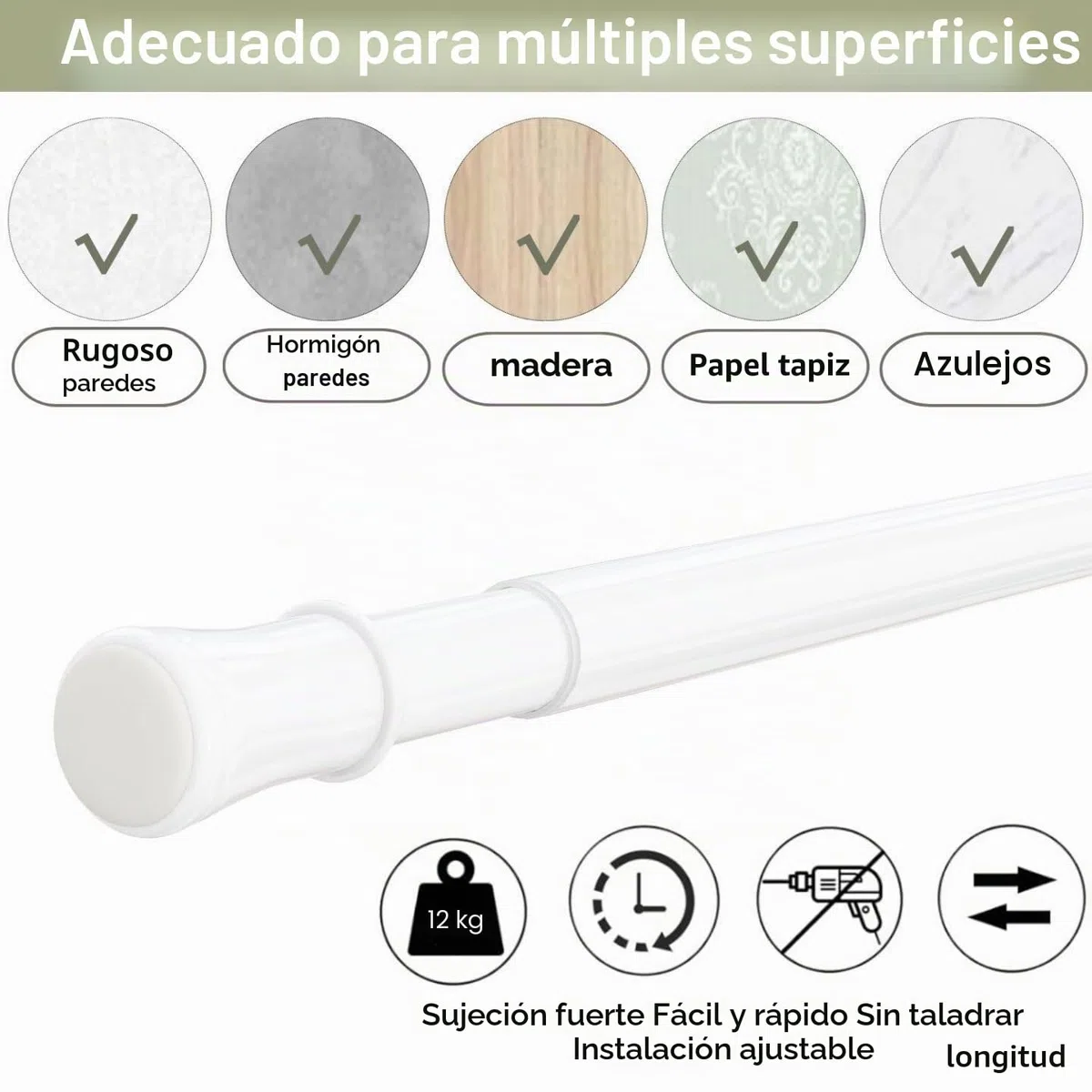 Barra para cortinas sin taladrar telescópica ajustable giratoria Ajustable, para cortinas, tabiques y balcones 1 pieza 75-145 cm Blanco