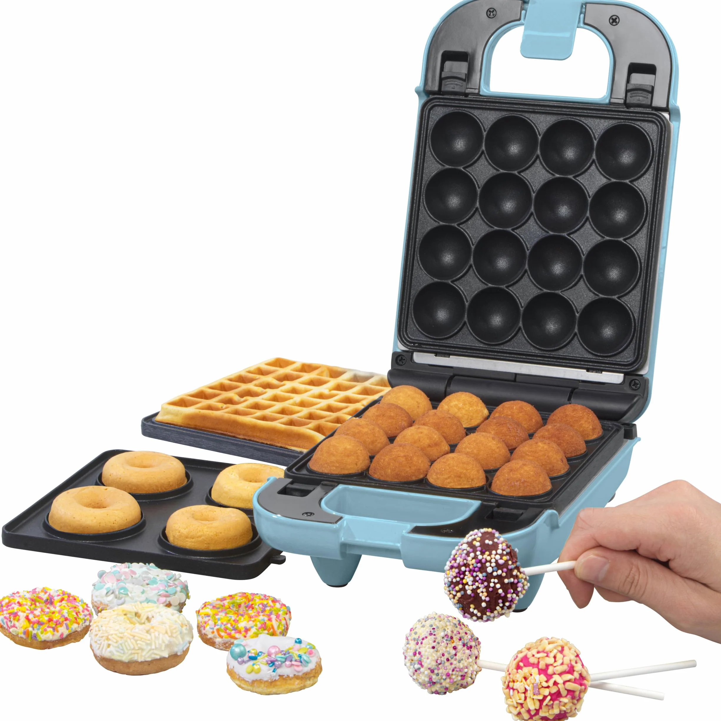 GILES & POSNER Máquina de Mini Delicias 3 en 1 – Donuts, Cake Pops, Máquina de Gofres, Placas de Cocción Desmontables Antiadherentes, Fácil Limpieza, Compacta, Repostería para Niños, 650 W