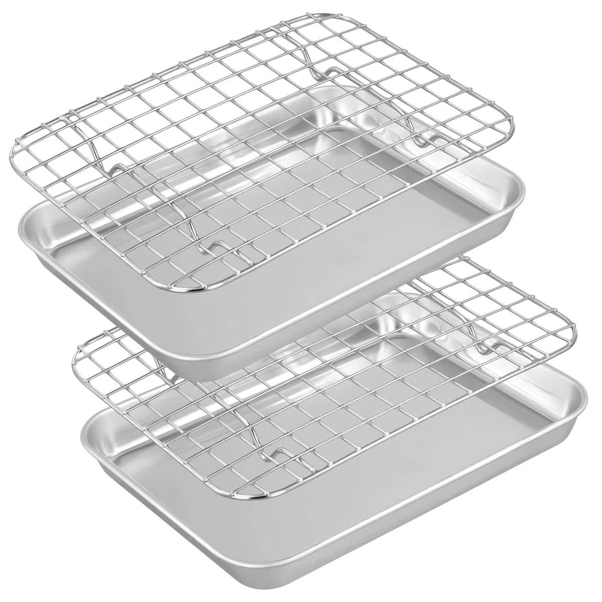 Juego de 4 bandejas de acero inoxidable con rejilla de enfriamiento, aptas para lavavajillas, de acero inoxidable, con rejilla, para hornear, asar, servir, 26,5 x 20,5 x 2,5 cm