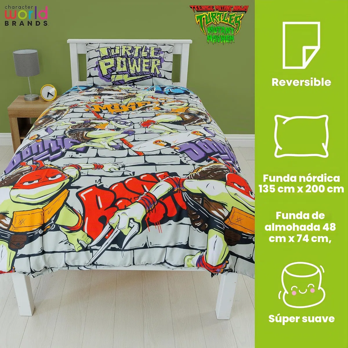 Character World Juego de Funda de edredón Oficial de Las Tortugas Ninja Mutantes Adolescentes | Diseño de Poder Reversible de 2 Caras, Incluye Funda de Almohada a Juego TNMT