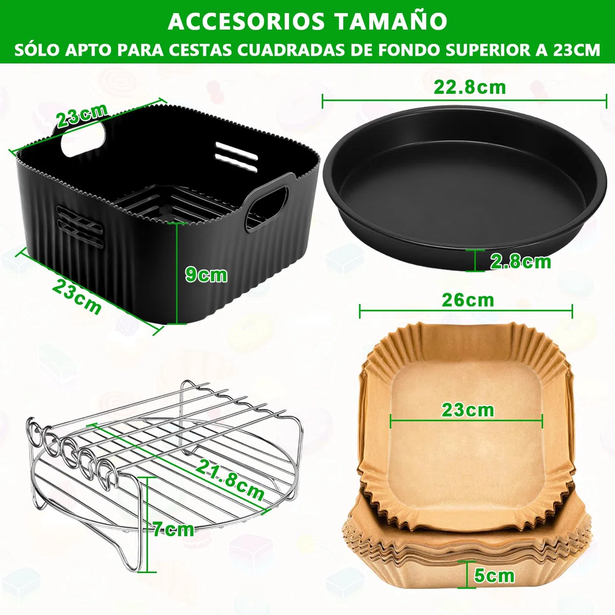23CM Accesorios Freidora de Aire para COSORI 6L/6,2L/6,4L, Cecotec 7,6L, 4PCS Cuadrado Moldes para Freidora de Aire con Papel, Rejilla Multiusos, Bandeja para Pizza, Molde Silicona Freidora de Aire