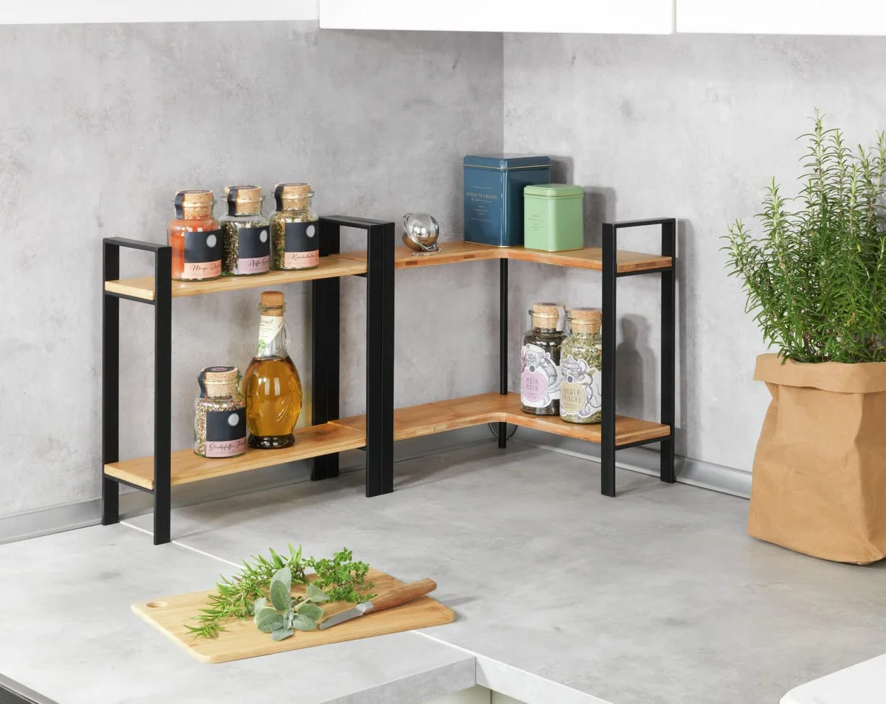 Wenko Estante esquinero de cocina Lou de metal y tablas de bambú, 2 niveles para mayor espacio de almacenamiento, (An. x a x P): 30 x 33 x 30 cm, negro/marrón claro, 53028100
