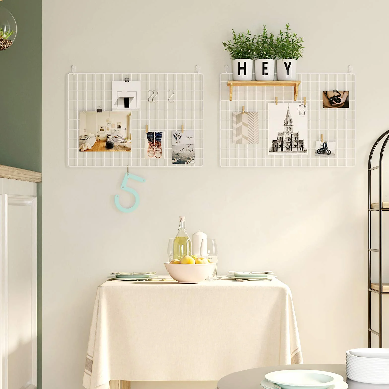 SONGMICS Juego de 2 Paneles de Malla, Pantalla para Foto, 65 x 45 cm, Decoración de Pared Metálica, Múltifuncional, Bricolaje, Exhibición de Arte, Gancho S, Pinzas, Cordón de Cáñamo, Blanco LPP02W