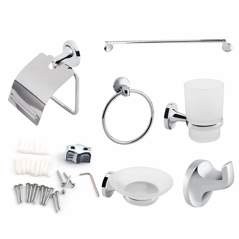 Juego de 6 accesorios de baño cromados para montaje en pared, soporte para papel higiénico, soporte para cepillo de dientes, jabonera, kit moderno de accesorios de baño