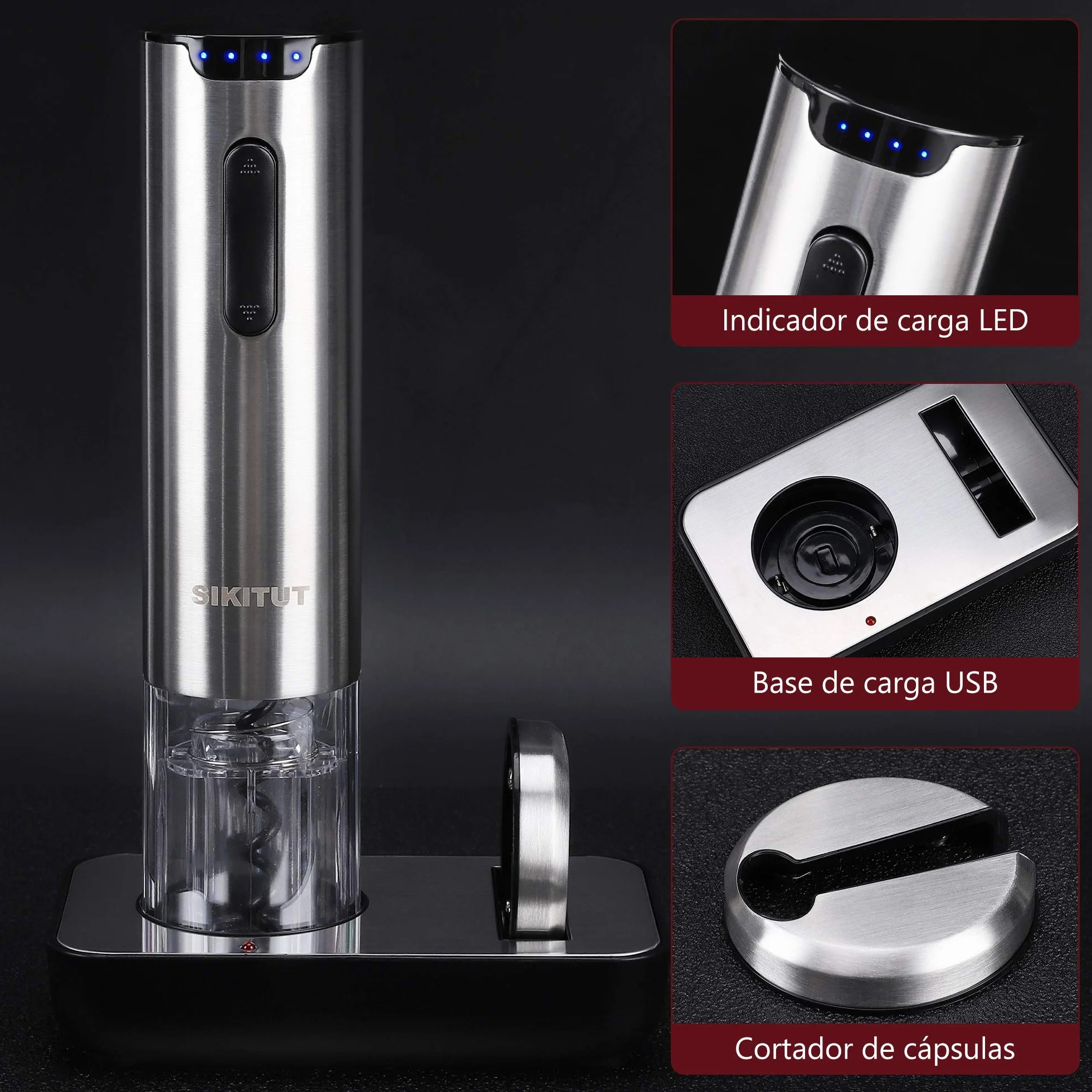 Sacacorchos Eléctrico,SIKITUT Abridor Botellas de Vino Inalámbrico,Automatico Abrelatas de Vino con Indicador LED de Batería y Base de carga USB y Cortador de Papel,Acero Inoxidable