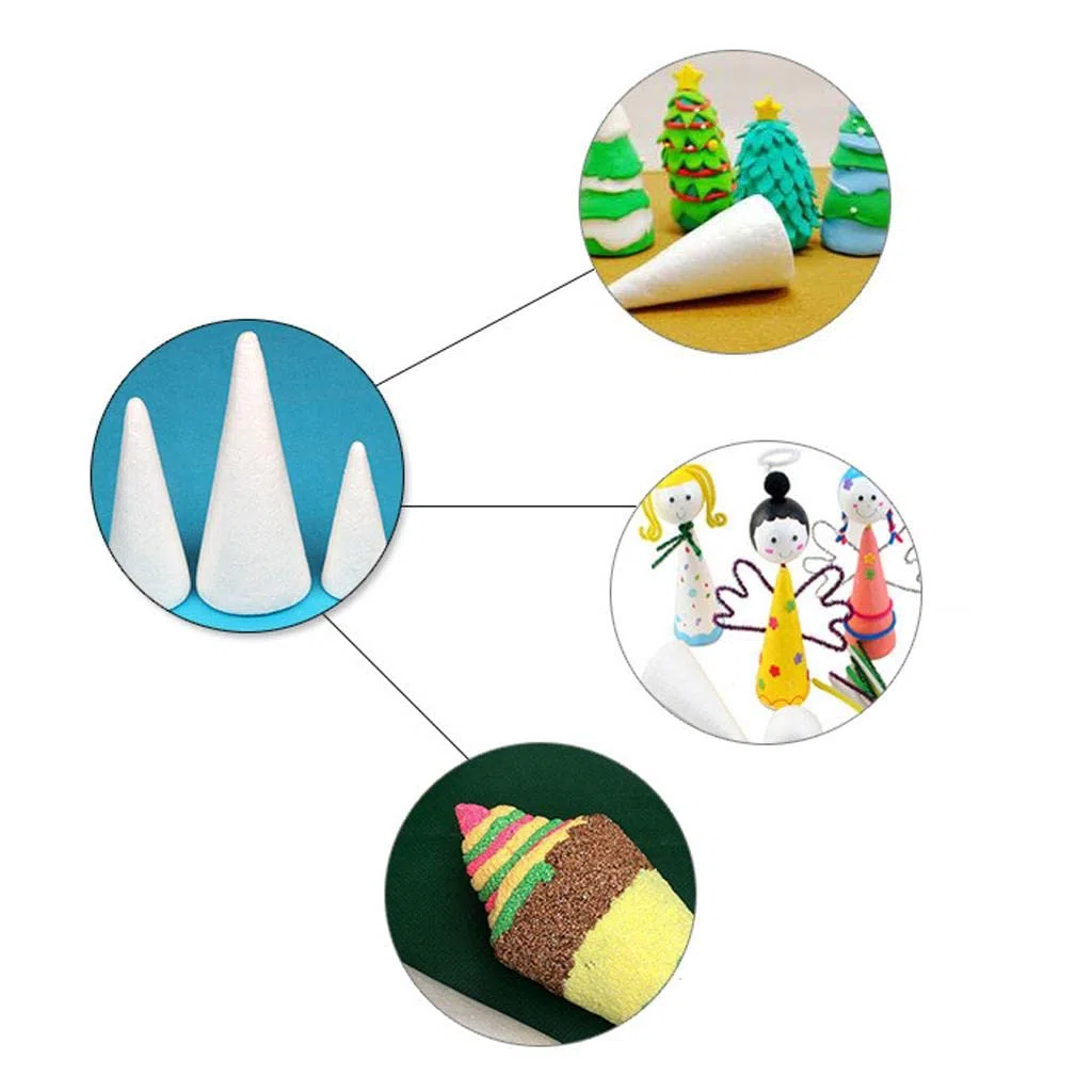Juego de 3 conos de poliestireno sólido blanco (15 cm, 20 cm, 25 cm) – Decoración para árbol de Navidad, suministros artísticos para niños