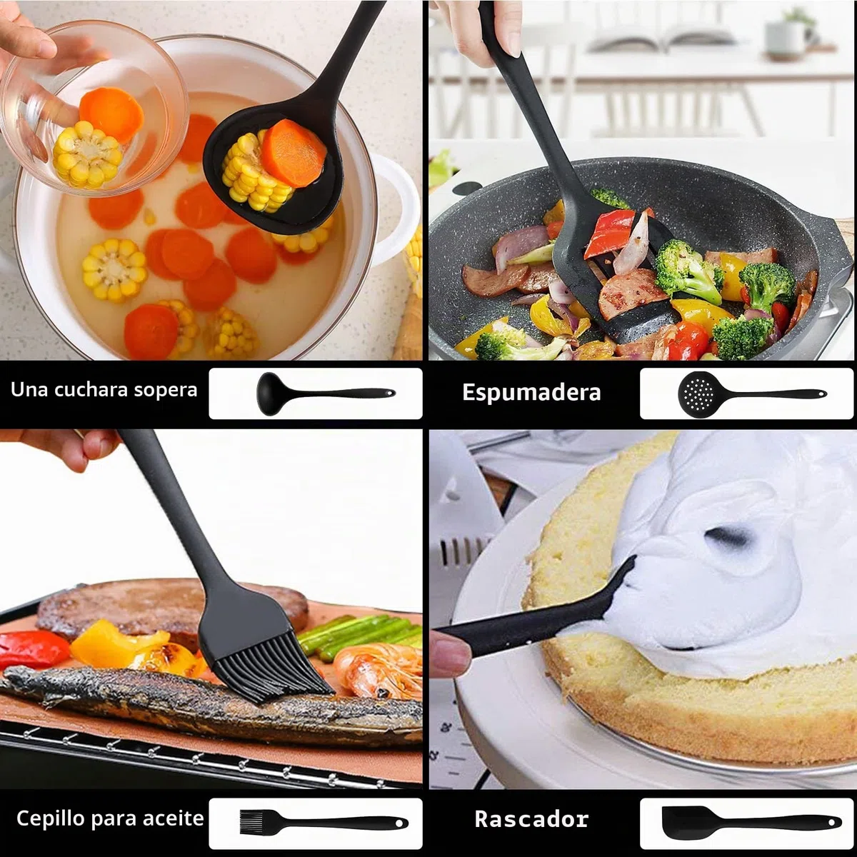 Utensilios Cocina de Silicona Antiadherente, 49 Piezas, Resistente al Calor, sin BPA, 5 Cucharas Medidoras y 20 Ganchos (Negro)