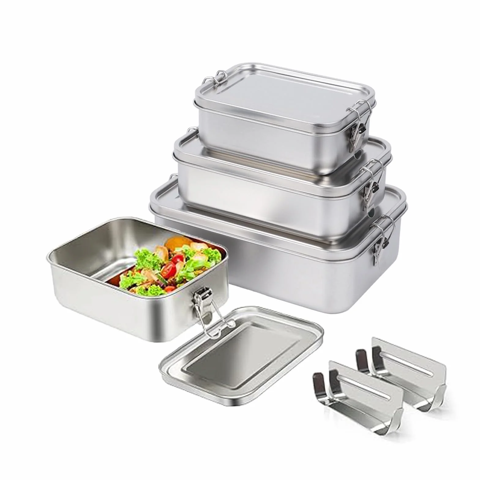 Juego de 4 cajas de acero inoxidable 304 para alimentos, ensaladas y comidas restantes, a prueba de fugas, de acero inoxidable grande (550 x 2/850/1400 ml)