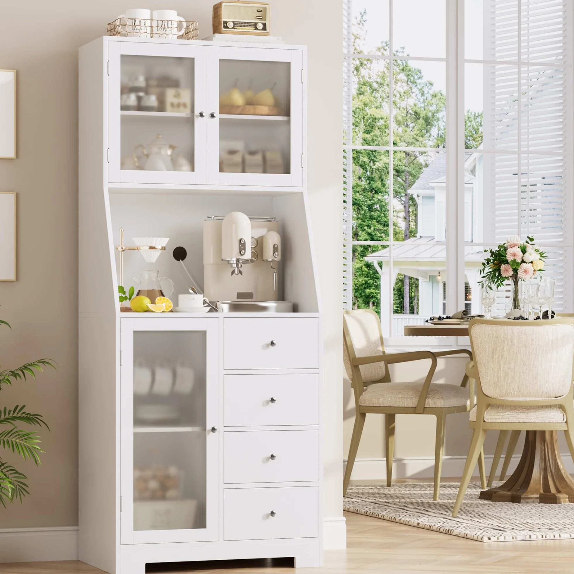 HOCSOK Alacena de Cocina con Encimera, Armario de Almacenamiento Alto con 3 Puertas y 4 Cajones para Salón, Comedor y Bar, Estilo Moderno, Blanco