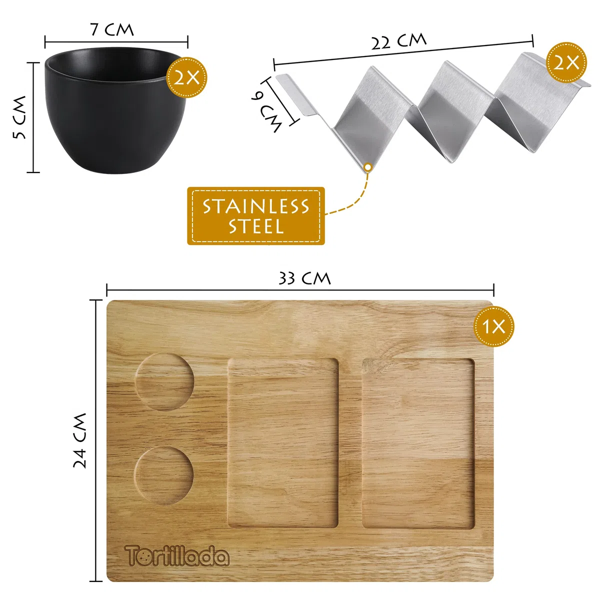 Tortillada - Juego de soporte para tacos/Hotdog hecho de acero inoxidable para hasta 6 tacos - incl. bandeja de servicio hecha de madera, tazones de inmersión de cerámica y libro de recetas