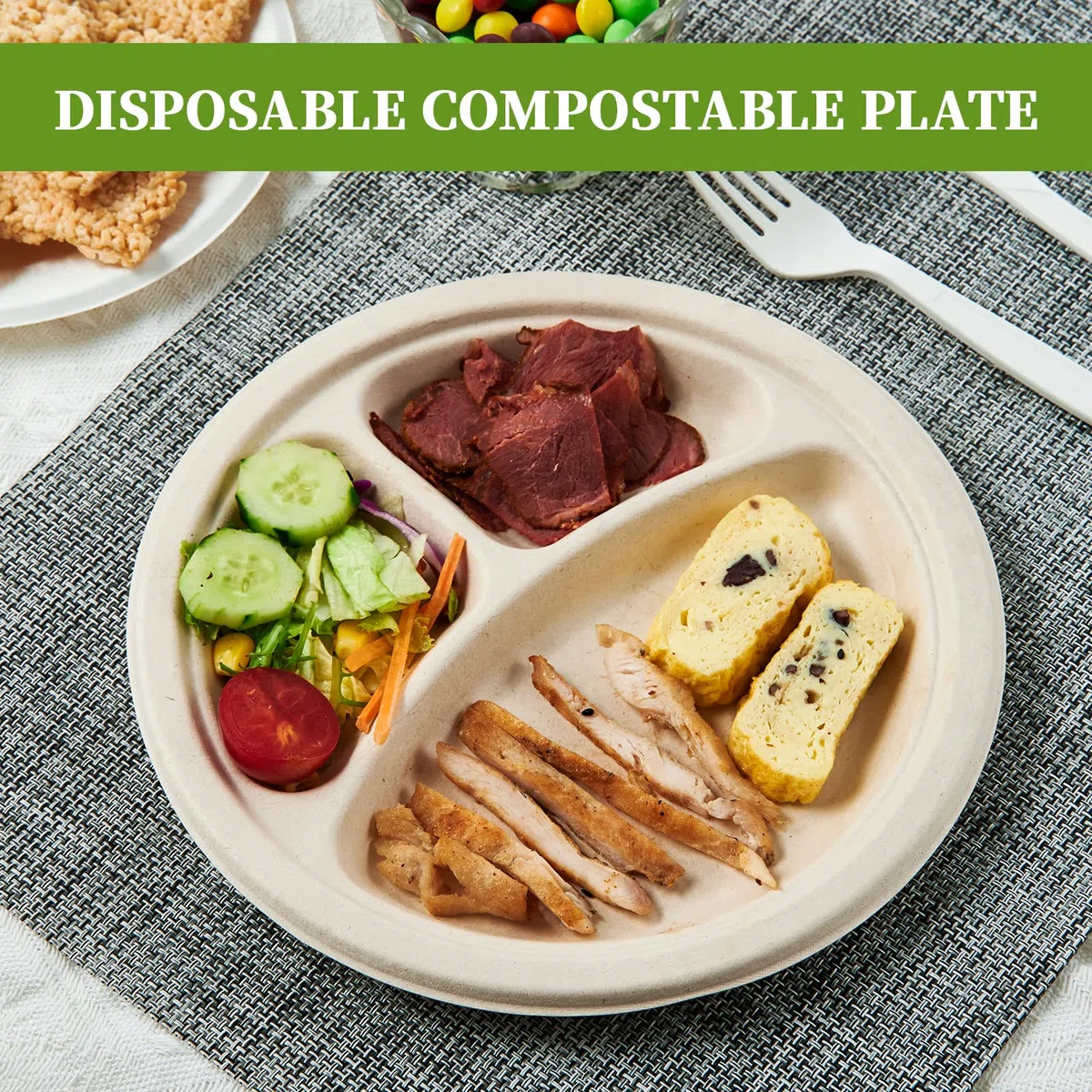 ECOLipak Paquete de 125 platos desechables de 3 compartimentos, platos de papel compostables de 10 pulgadas, platos de papel biodegradables resistentes hechos de fibras de caña de azúcar ecológicas