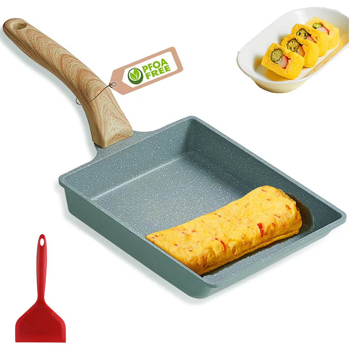 RYITGO Tamagoyaki - Sartén para tortillas japonesas con espátula de silicona y cepillo/revestimiento antiadherente (libre de PFOA)