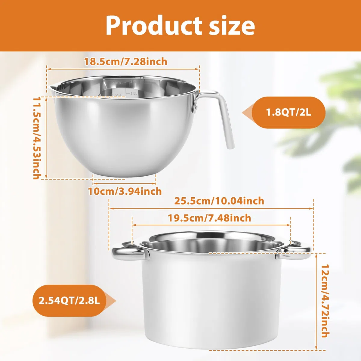 Cacerola de acero inoxidable para baño de agua, cuenco de 2,5 L para baño de agua y olla de fusión de 1,8 l con mango, cuenco de acero inoxidable 304, para chocolate, crema, mantequilla, cera de velas