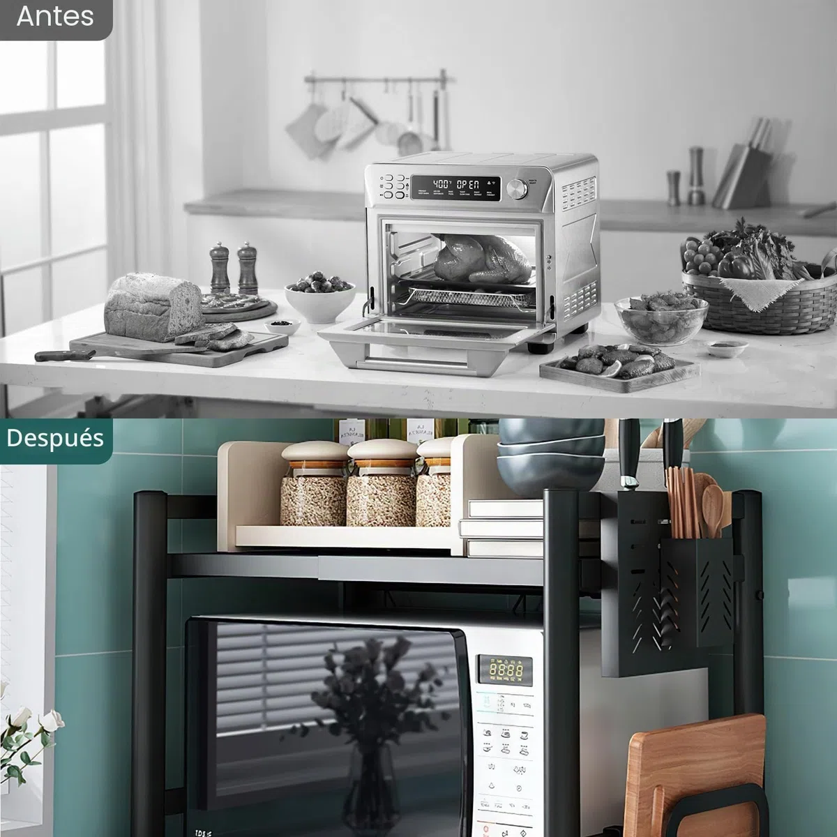 Auauraintt 2 Niveles Soporte Extensible para Microondas de,con 6 Ganchos,Retráctil de 40 a 64 cm Apto para Soporte de microondas y Soporte de Horno de Cocina,Negro