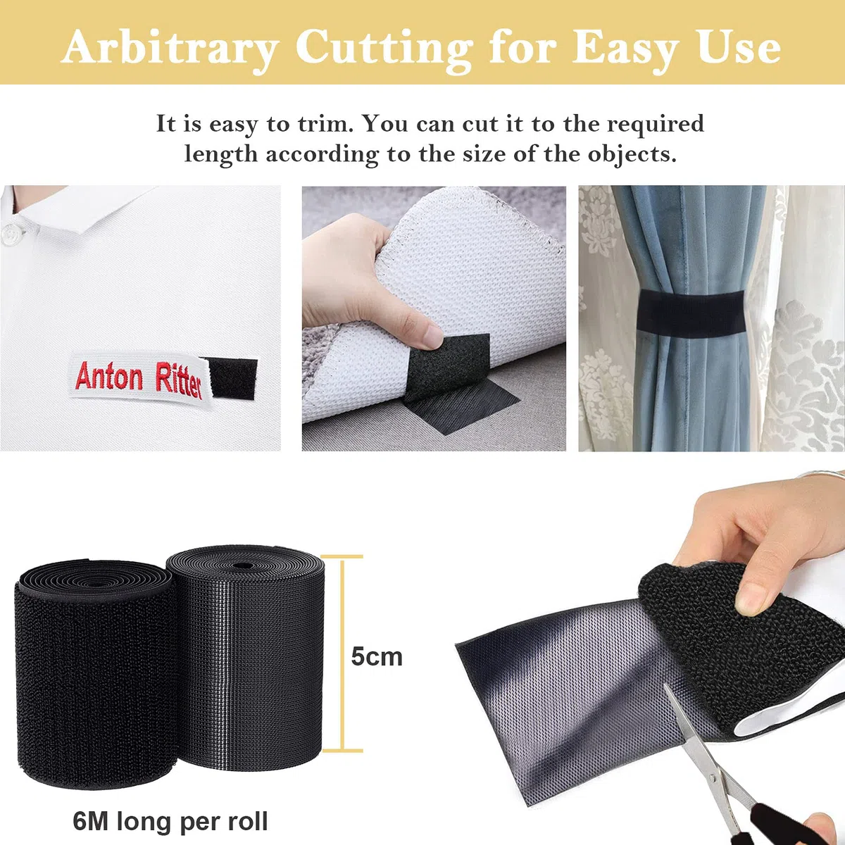 TEUVO Coudre Belcro para Tejidos y Ropa, 50mm x 6M No Adhesivo Hook y Loop Cinta de Tela para Proyectos de Bricolaje y Costura