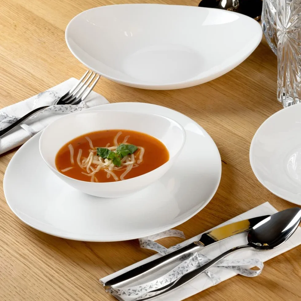 Karaca White Pure - Vajilla de cristal de 24 piezas para 6 personas, elegante vajilla resistente al calor con platos llanos, pasta, cuencos de cereales y platos de postre/acompañamiento