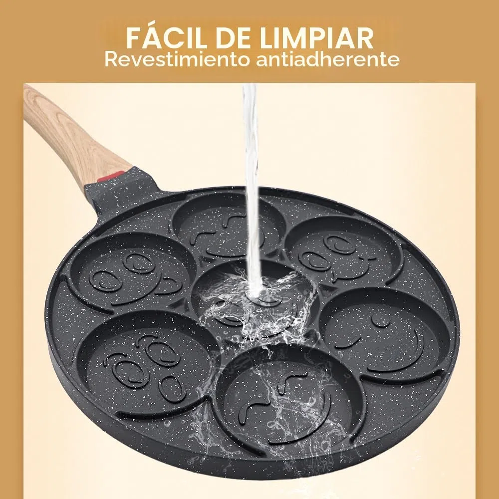 Sarten para Tortitas Smiley, Molde Tortitas Antiadherente 7 Agujeros Sartén para Crepés de Desayuno para Niños 26 cm - Negro