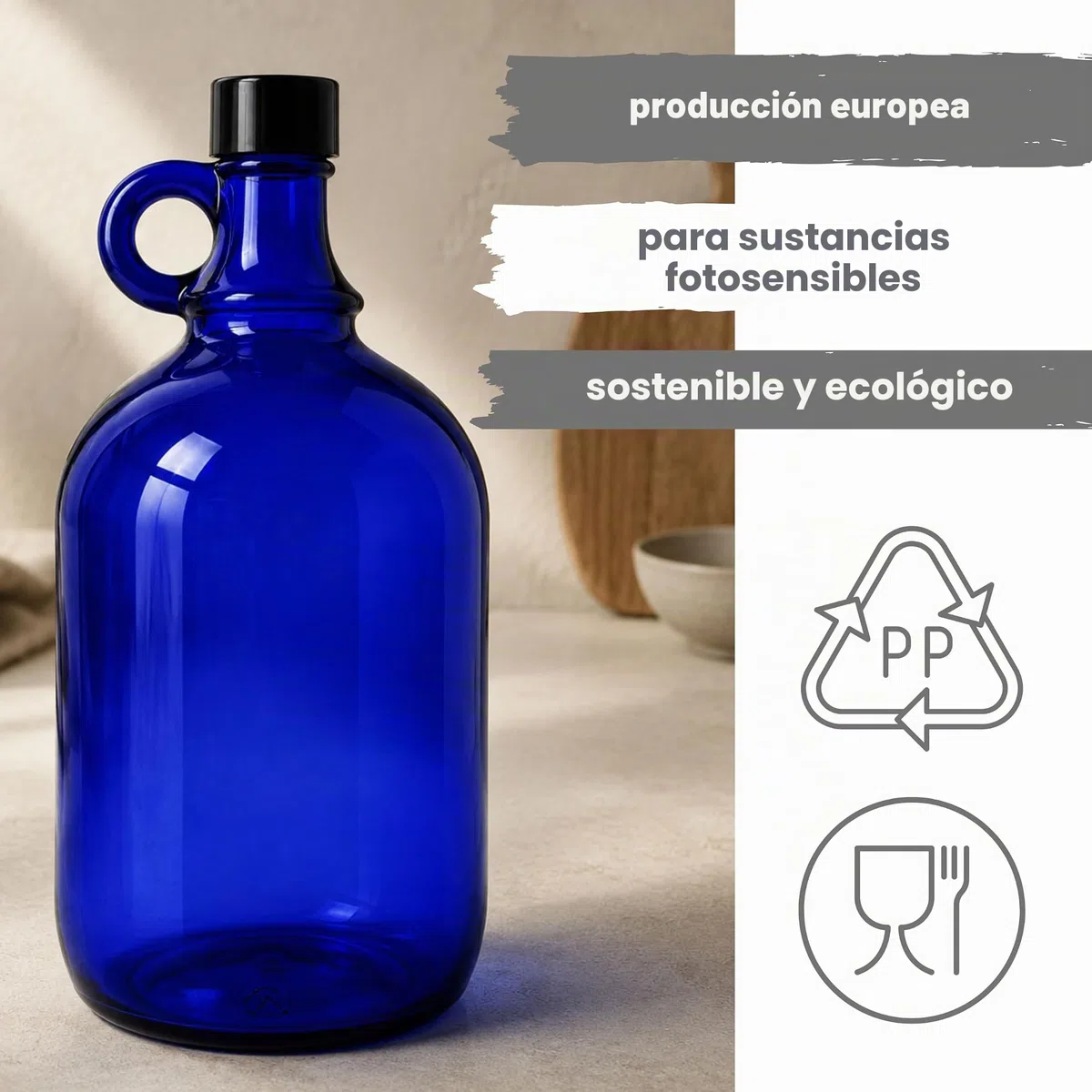 Mikken Blaue XL - Botella de cristal (2 L, para rellenar, con tapón de rosca negro)