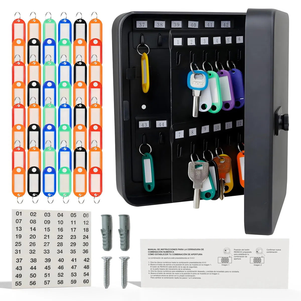 Caja Llaves, Armario para 48 Llaves con Cerradura de Combinación, Armario Llaves en Pared, Caja de Acero Laminado Negro, 48 Llaveros Incluidos, Key Box