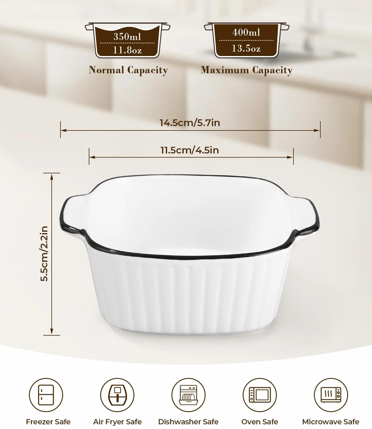 Juego de 4 Platos de Cerámica para Hornear, 400ML Platos Cuadrados para Hornear, 14.5 x 11.5 x 5.5cm, Plato Pequeño de Cerámica para Horno con Asas, para Horno, Freidorade de Aire y Microondas
