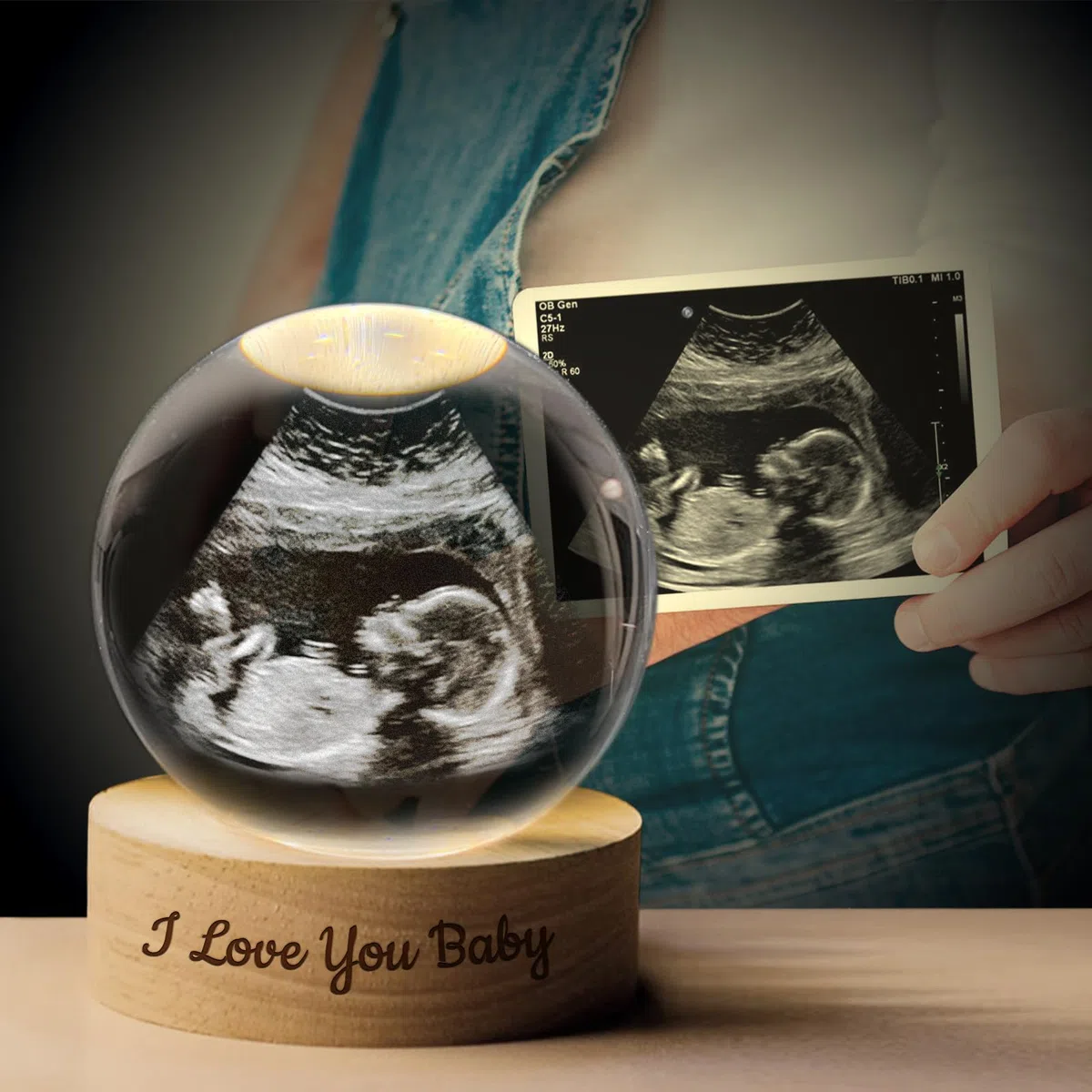 Bola de Cristal Personalizada con Base de Luz LED, Bola de Decoración con Grabado de Foto por Ultrasonido, Marco de Texto y Fotos Personalizable, Regalos Sorpresa para Futuros Padres