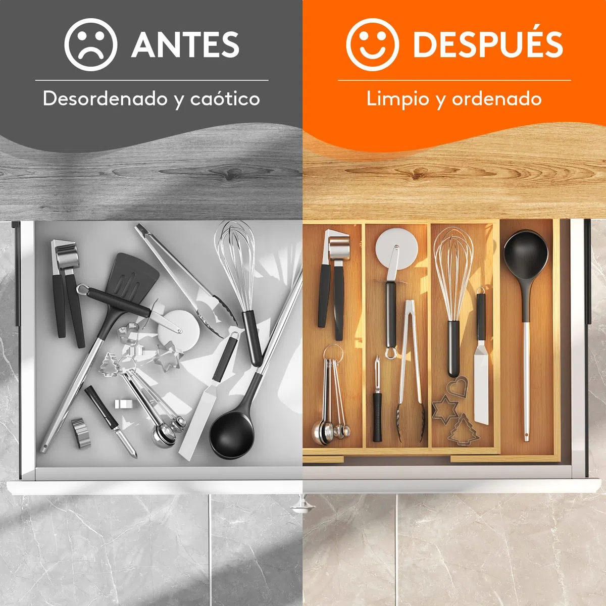 Lifewit Organizador Cajon de Utensilios Cocina, Bandeja para Cuchillos Extensible,Bambu Separador Set Cubiertos, Ajustables Divisores para Almacenaje Herramientas y Gadgets de Espátula, Grande Natural
