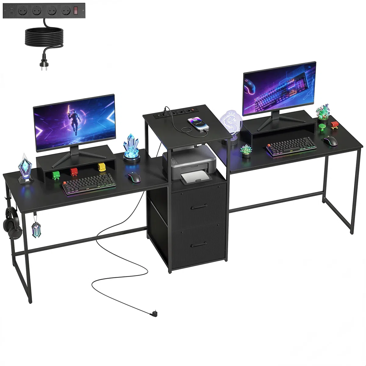 HOMCOM Mesa Gaming Doble Extralargo 244 cm con Estación de Carga Negro | Mesa Gamer, Escritorio Doble, Puertos USB, Soportes para Monitor, Cajones de Tela, Ganchos para Auriculares