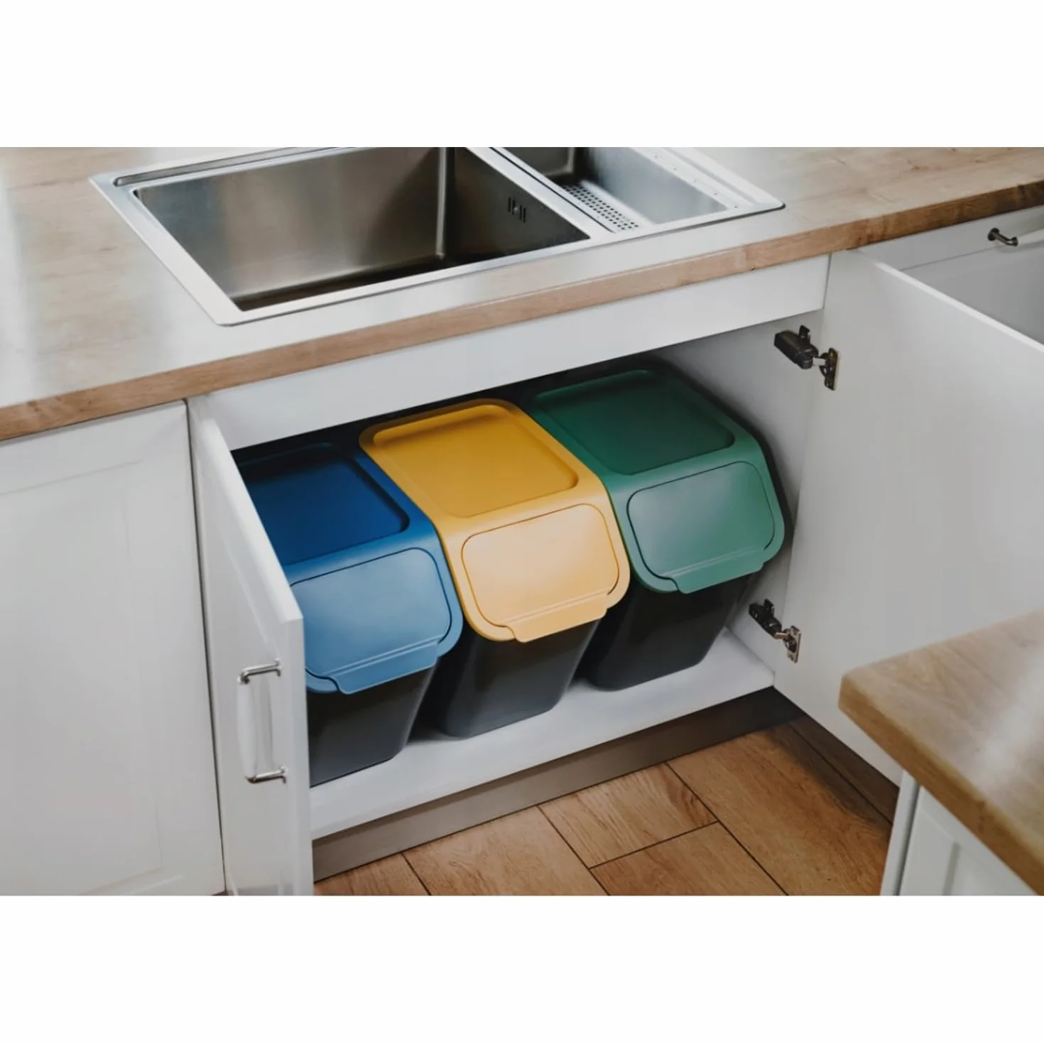 Practic Bini Juego de 3 Cubos de Basura, Cubos Apilables, Tapa con Sistema de Clic, Separación de Residuos de Cocina (3x25L + filtros)
