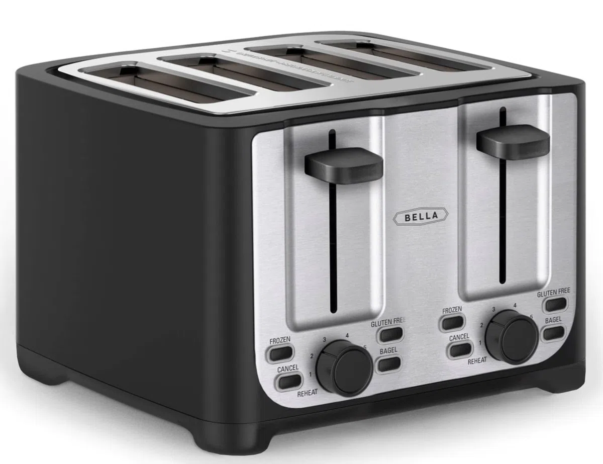bella Tostadora de 4 Rebanadas con Apagado Automático, Ranuras Extra Anchas y Bandeja Recogemigas Extraíble, Función de Cancelar, Descongelar y Recalentar, Acero Inoxidable y Negro