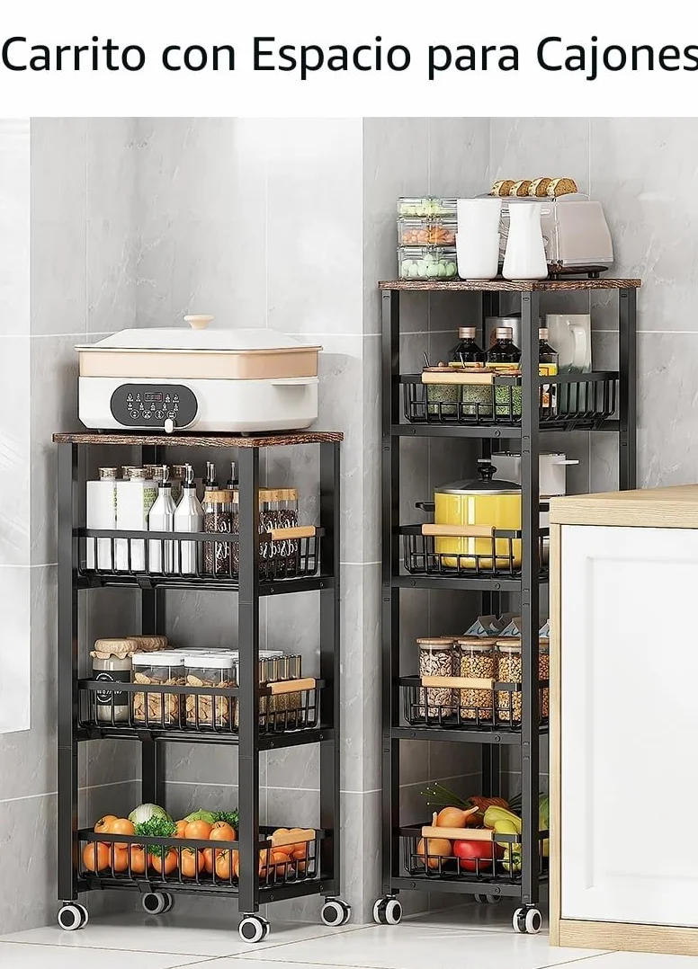 Canastas de alambre de metal con ruedas, contenedores de almacenamiento apilables, estante organizador de cocina, carrito de frutas y verduras de múltiples niveles, estante estacional para