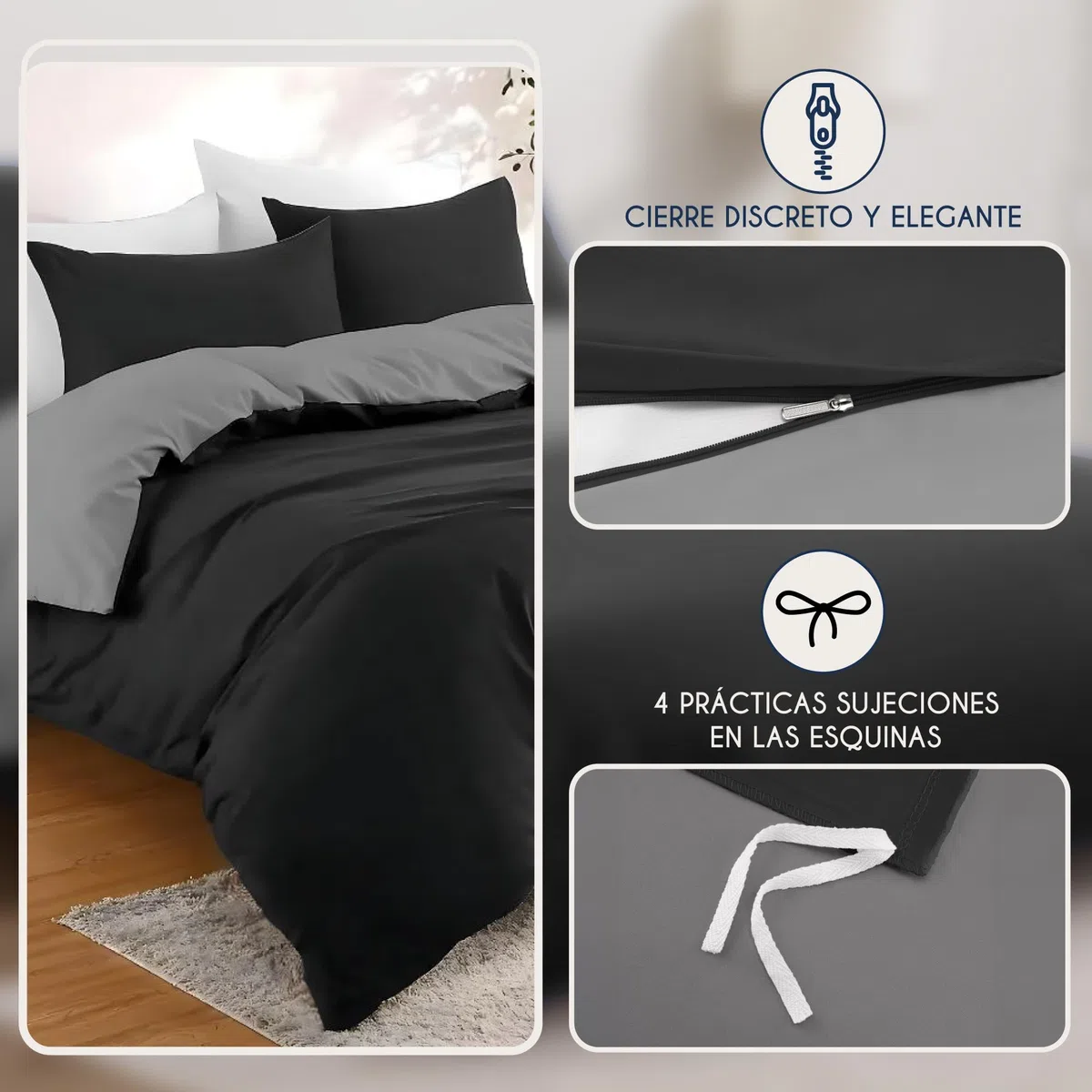 Dreamzie Funda Nordica Cama 240x220 cm con 2 Funda Almohada 50x70 cm - Negro/Gris Oscuro - Funda nordicas 240x220 de 100% Microfibra. Funda Nórdica Certificada sin Productos Químicos