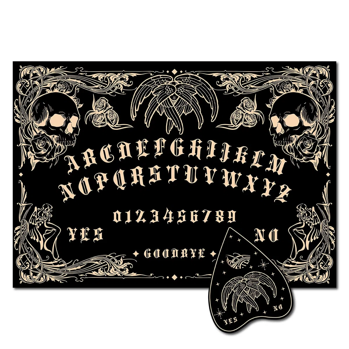 CREATCABIN Tablero Parlante de Espíritu de Madera con Diseño de Calavera, Tablero de Adivinación de Péndulo Rectangular Negro con Planchette Spirit Hunt Decor, Kit de Suministros de Mensajes