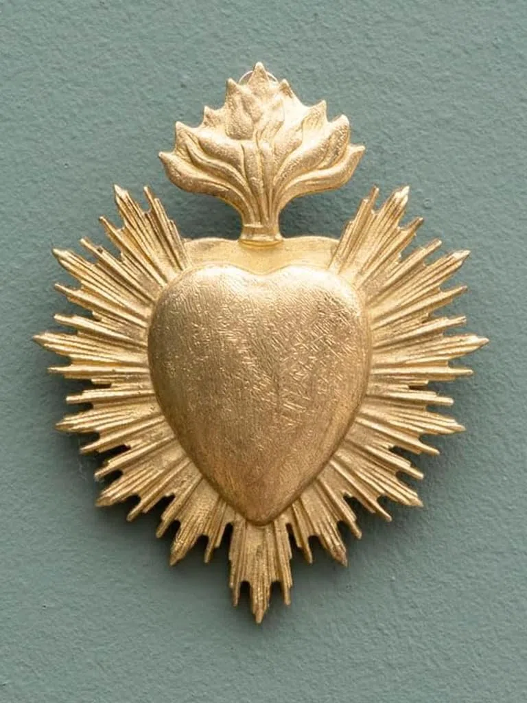 chehoma Ex-voto Corazón dorado de resina, decoración religiosa para dormitorio, montaje en pared