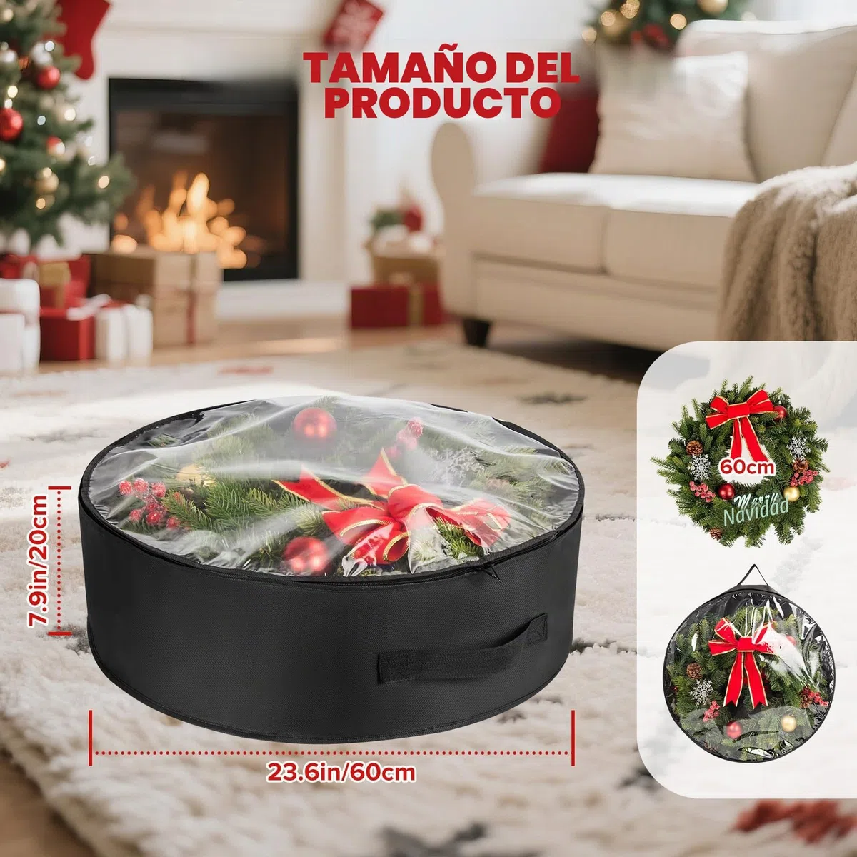 Paquete de 3 bolsas de almacenamiento de corona de Navidad con ventana transparente – Organizador impermeable negro de PE/PVC para decoración navideña, guirnaldas y adornos | Cierre de cremallera y
