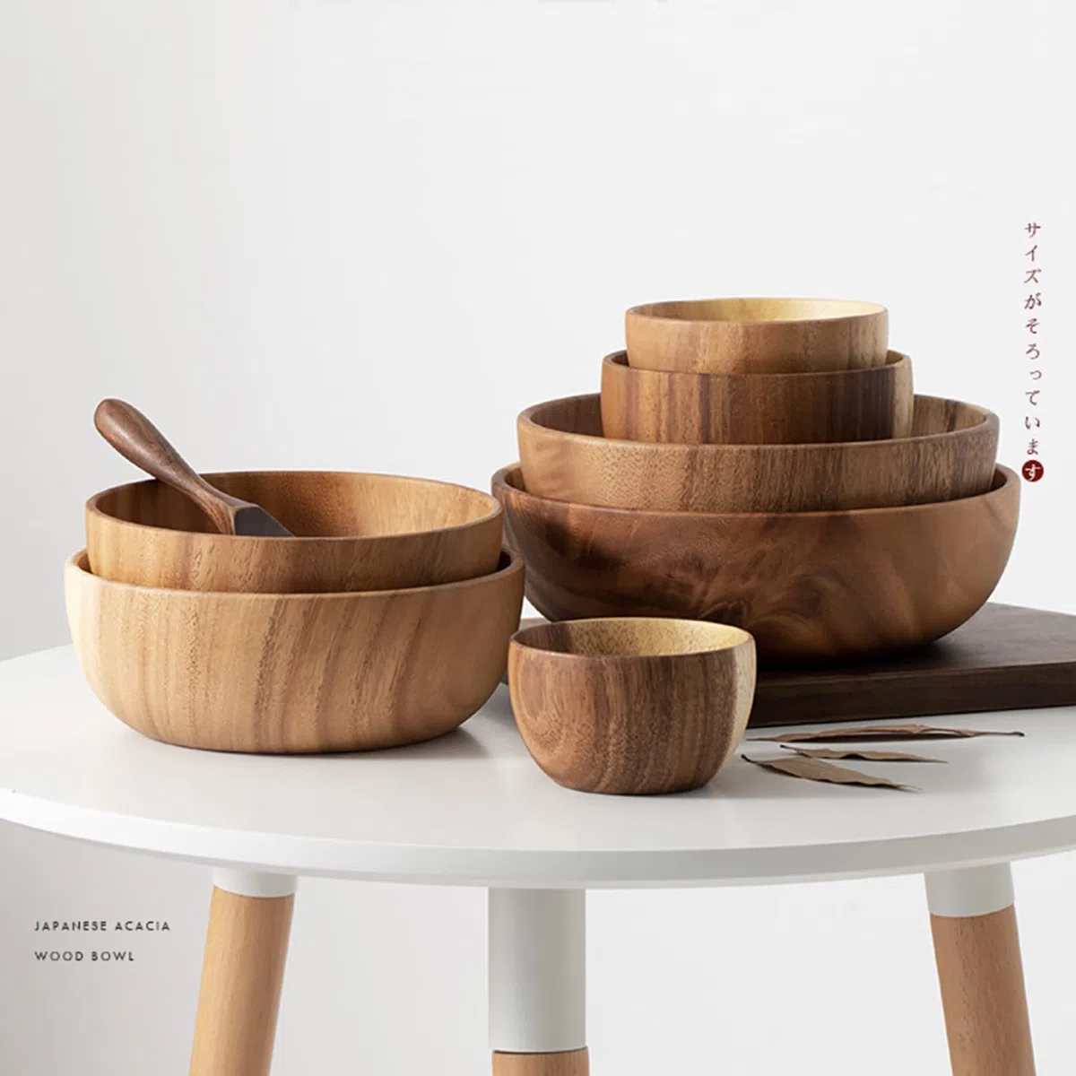 Ensaladera de madera de gran tamaño (26 cm x 7,5 cm), con juego de cuchara y tenedor de madera (26 cm x 6,8 cm), cuenco de madera de acacia, cuencos grandes de madera para servir