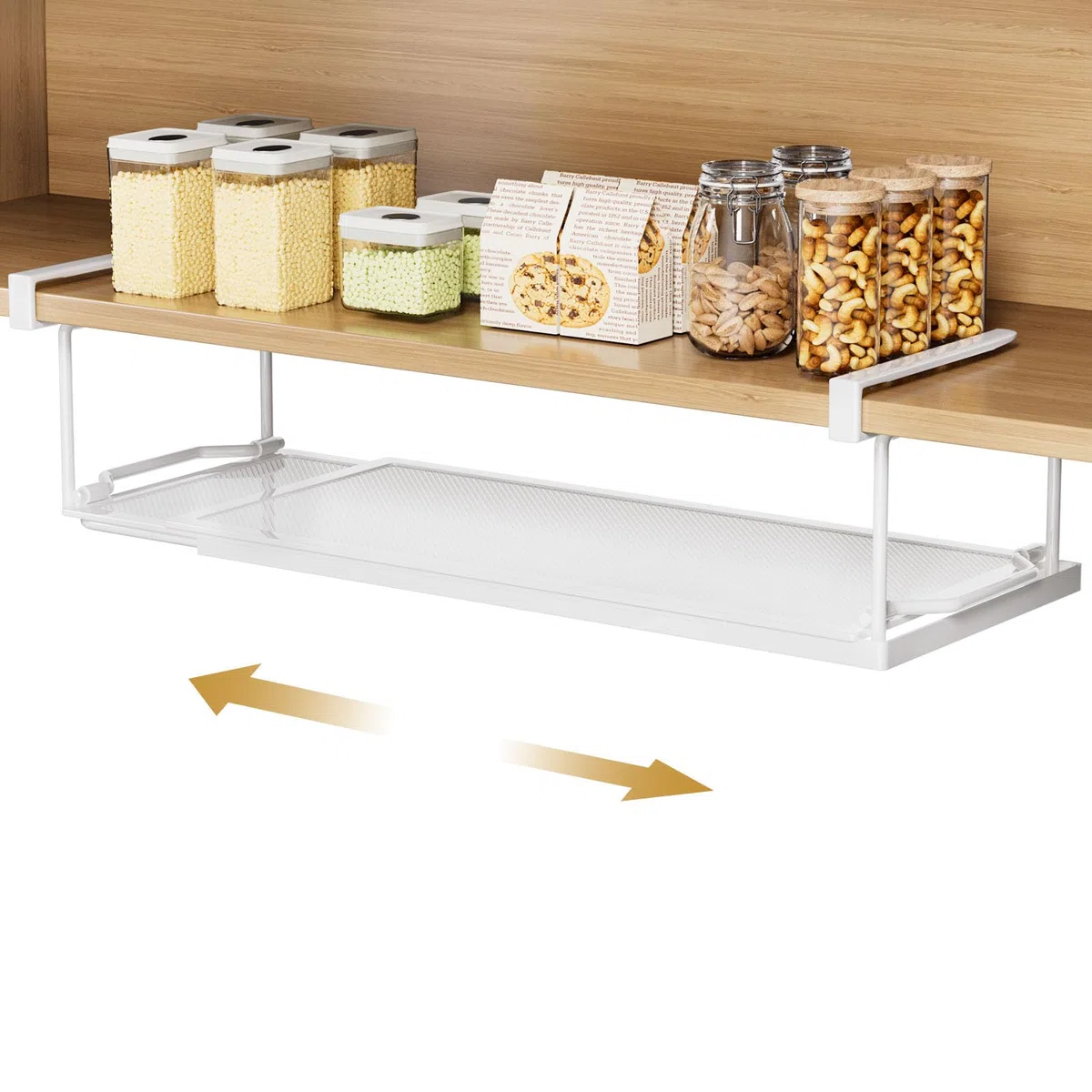 YORBAY Ajustable Cesta Colgante para Debajo de la estantería, Almacenaje de Cocina bajo Balda Estante de Metal, Estante Inferior para cocinas y armarios (Blanco)