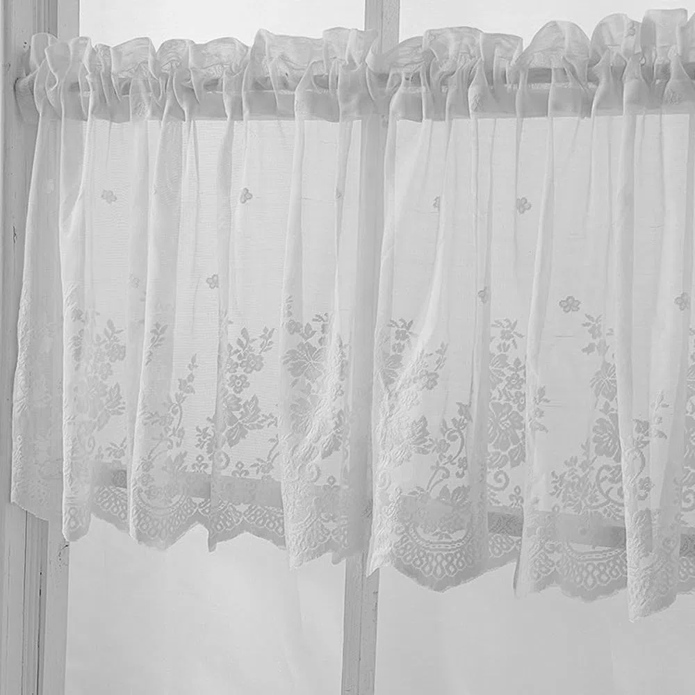 POFET 4 Paneles de Encaje Bordado Ventana Pequeña Voile Gasa Volante de Escalones para Cocina, Café, Medias Cortinas con Volante para Decoración del Hogar, etc. 74x61cm, Blanco