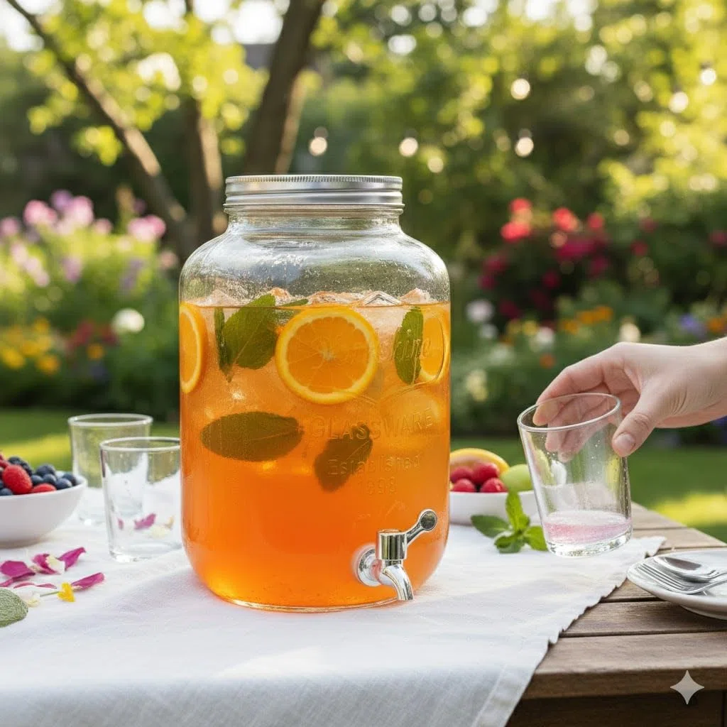 Dispensador de Bebidas de Cristal con Grifo Antigoteo, Tapa Metálica, Estilo Vintage Retro para Fiestas, Eventos, Limonada, Sangría, Agua (5 Litros (27 cm)) Bote con Grifo