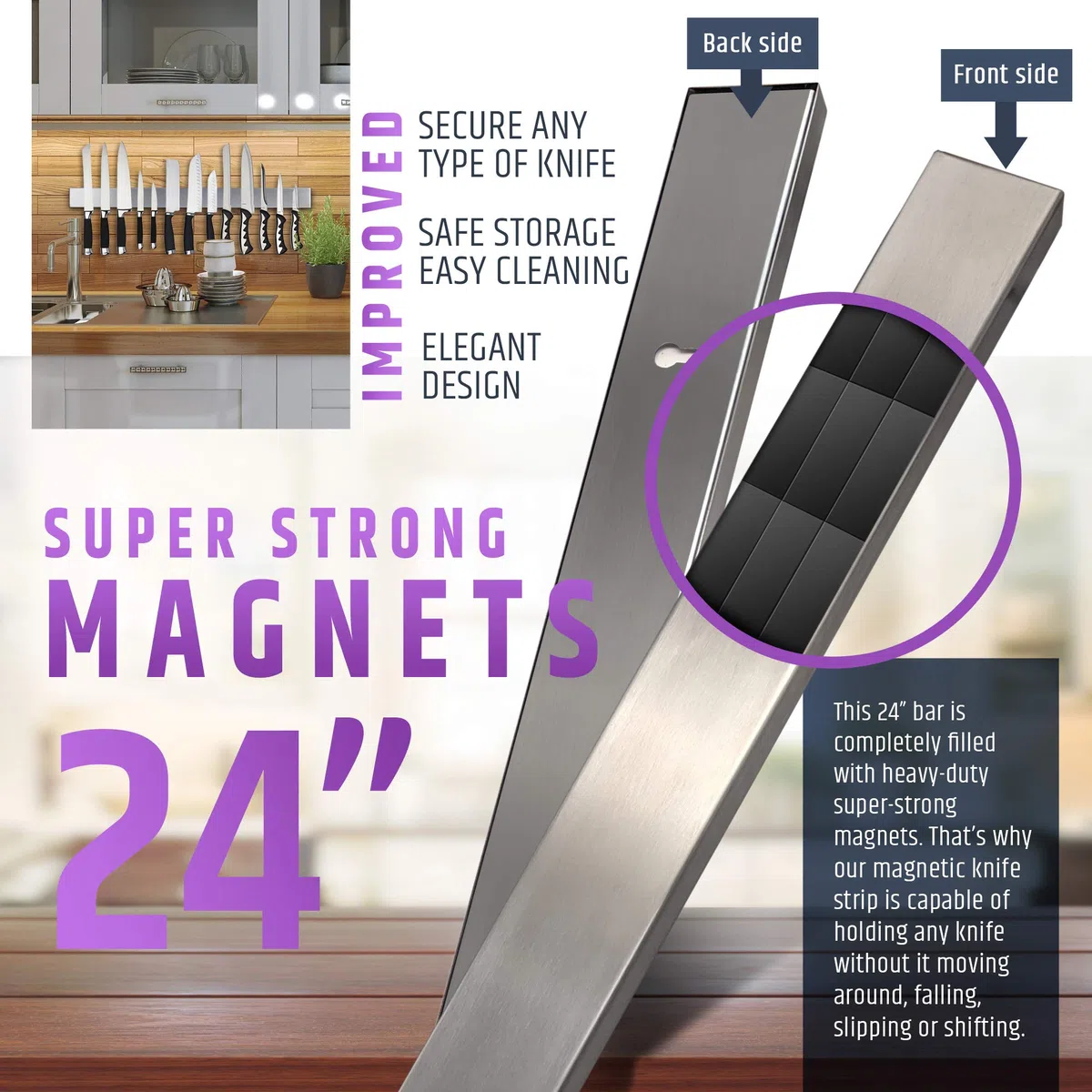 Soporte magnético resistente para cuchillos de pared de 61 cm (tamaño grande), tira magnética de acero inoxidable de alta calidad, barra de cuchillos profesional que ahorra espacio con potente fuerza