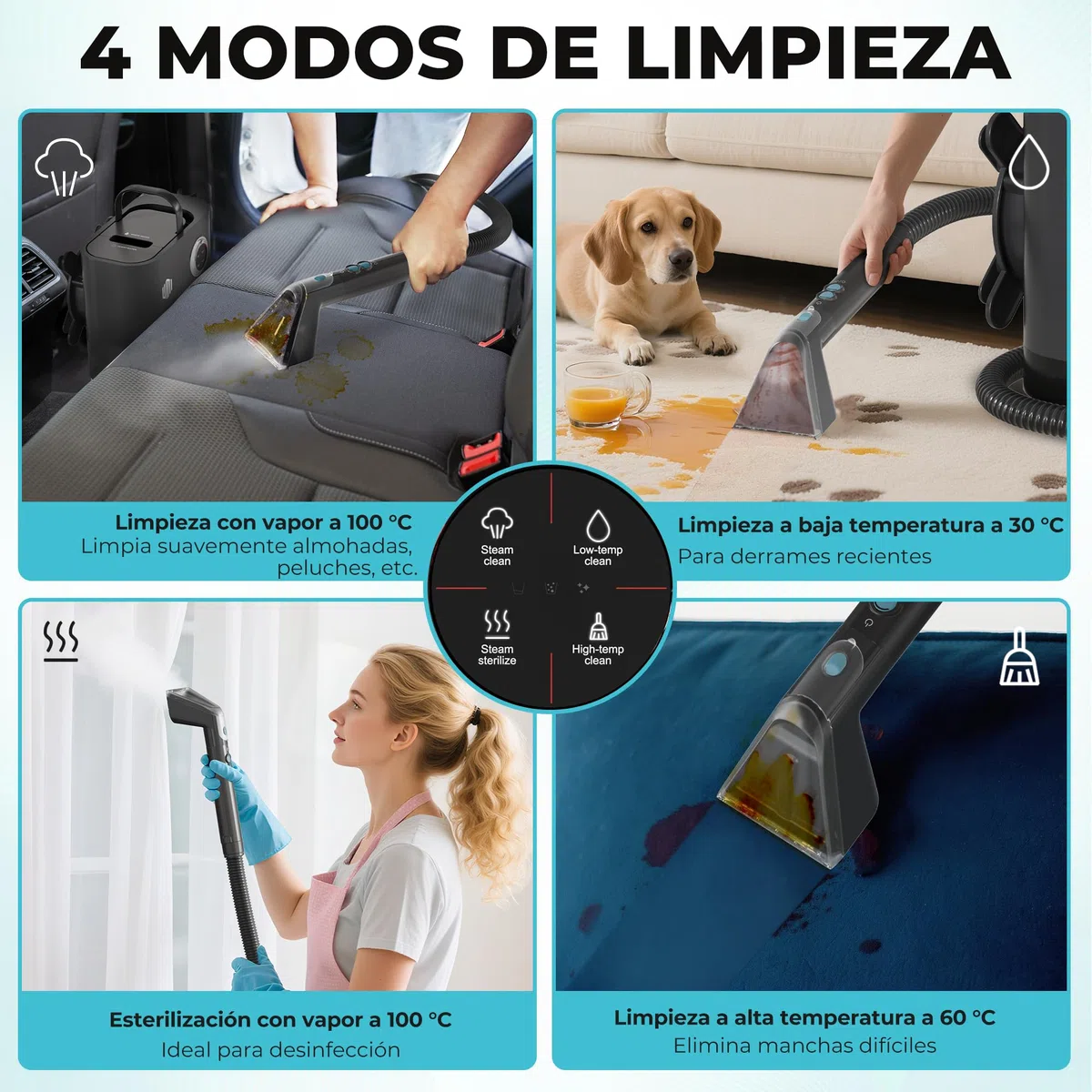 UMI Limpiador a Vapor y Aspiradora de Tapicerías, Limpieza Profunda | con 4 Modos, Calefacción 1200W, con Detergente y Cepillos, Para Sofás Colchones Alfombras, Depósitos 1,2L y 1,1L