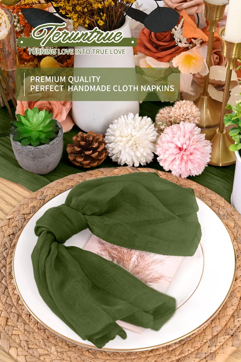 Teruntrue Lote de 30 servilletas de Tela Color Verde Oliva, 50 x 50 cm, servilletas de Gasa, servilletas de Mesa Estilo Bohemio para cenas, Decoraciones para Bodas y Fiestas de cumpleaños