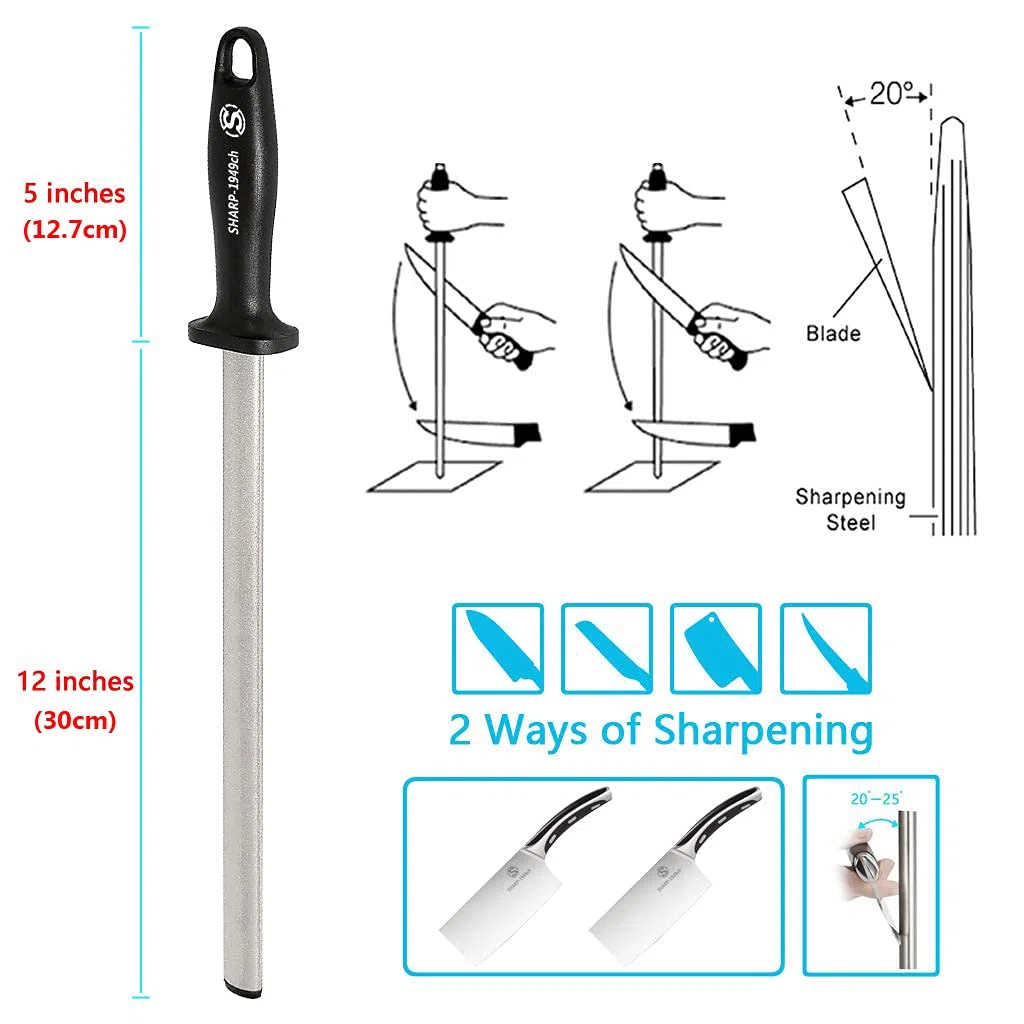 NC Acero Diamante 12" （30 cm），Acero de Afilado Profesional por Maestro de Cocina，Cuchillo de Cocina，Cuchillo japonés，Inicio Gourmet Blade， Palo de afilar