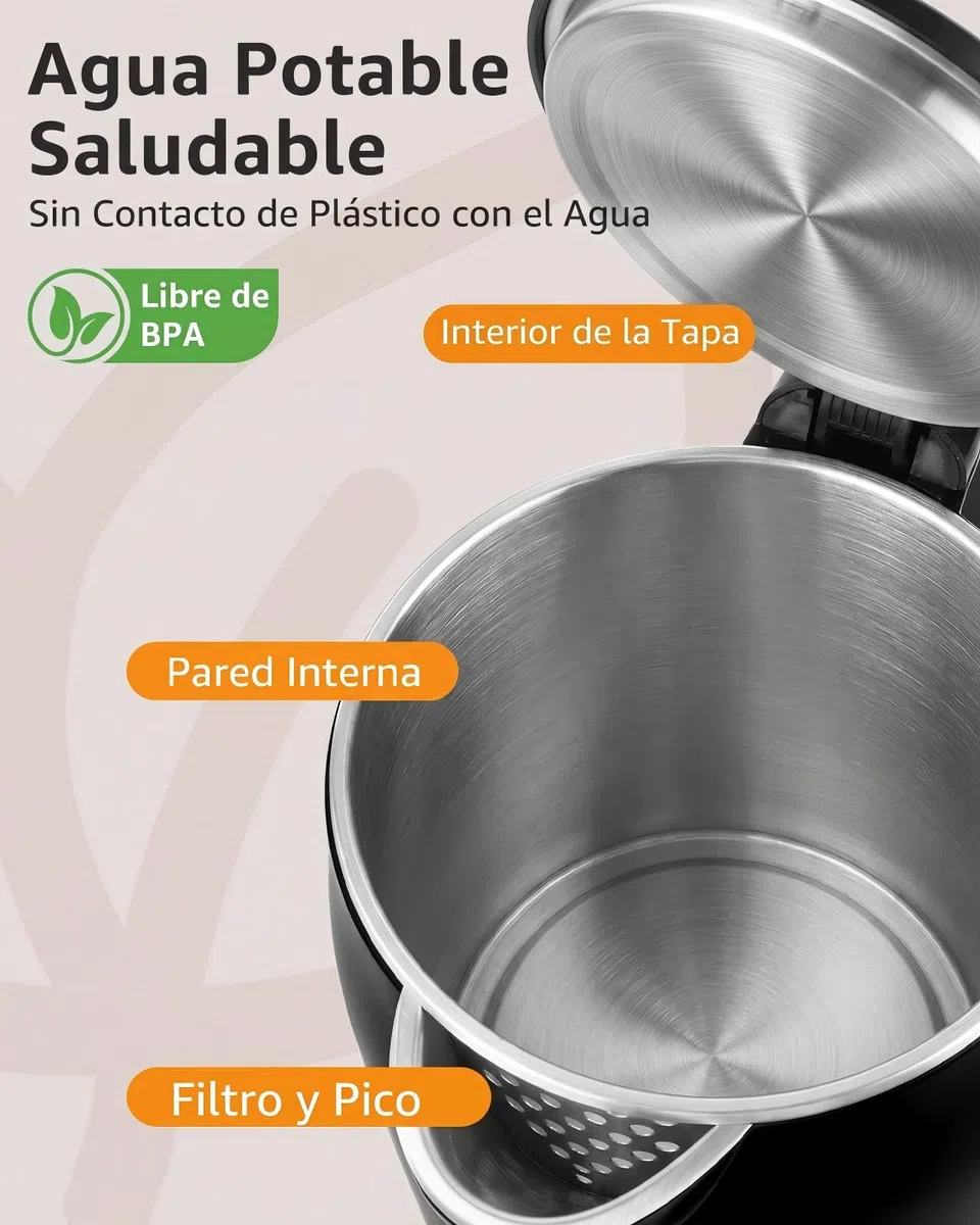 Aigostar Hervidor Agua Electrico de Acero Inox Negro 1,7 Litros - Hervido Rápido Electric Kettle 2200W, Doble Aislamiento, Ventana Visible, Sin Plástico en el Interior, Libre de BPA, Apagado Auto