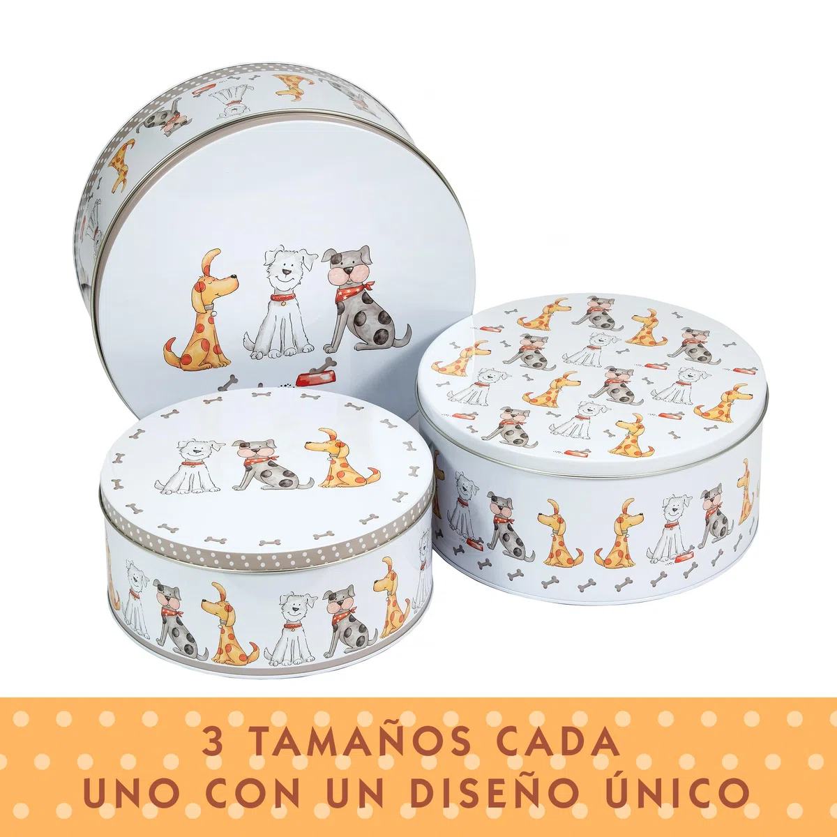 SPOTTED DOG GIFT COMPANY Juego de 3 Latas Almacenamiento para Tartas Redondas, Cajas para Galletas y Pasteles de Metal, Apilables Herméticos, Pequeño 20x9cm, Mediano 22x10cm, Grande 25x11cm - Perros