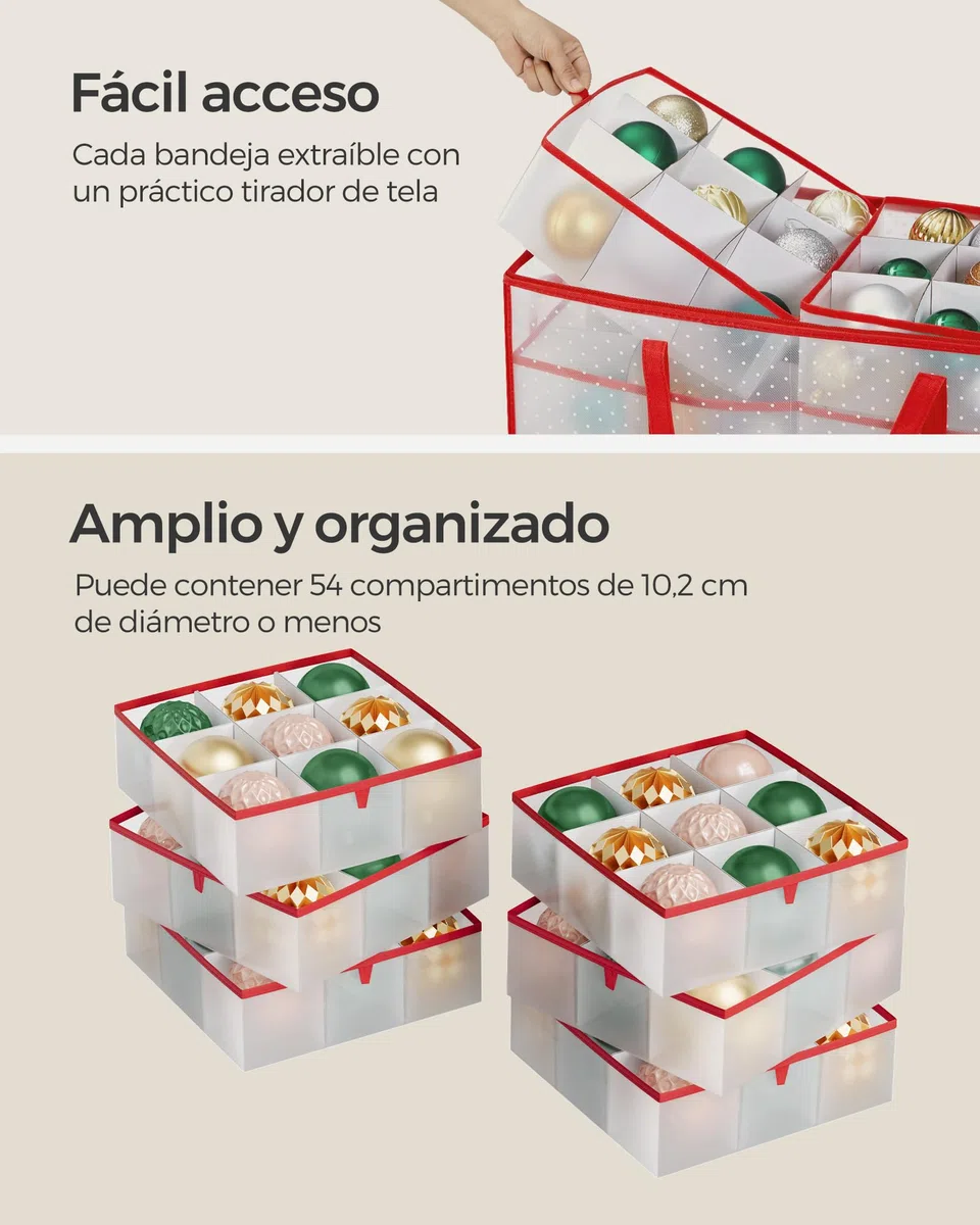 SONGMICS Caja Grande para Adornos de Navidad, 10,2 cm 54 Ranuras, Caja de Plástico para Adornos de Navidad con Tapa, Doble Cremallera, 6 Bandejas, Asas Laterales, Rojo Cereza RFB030T01