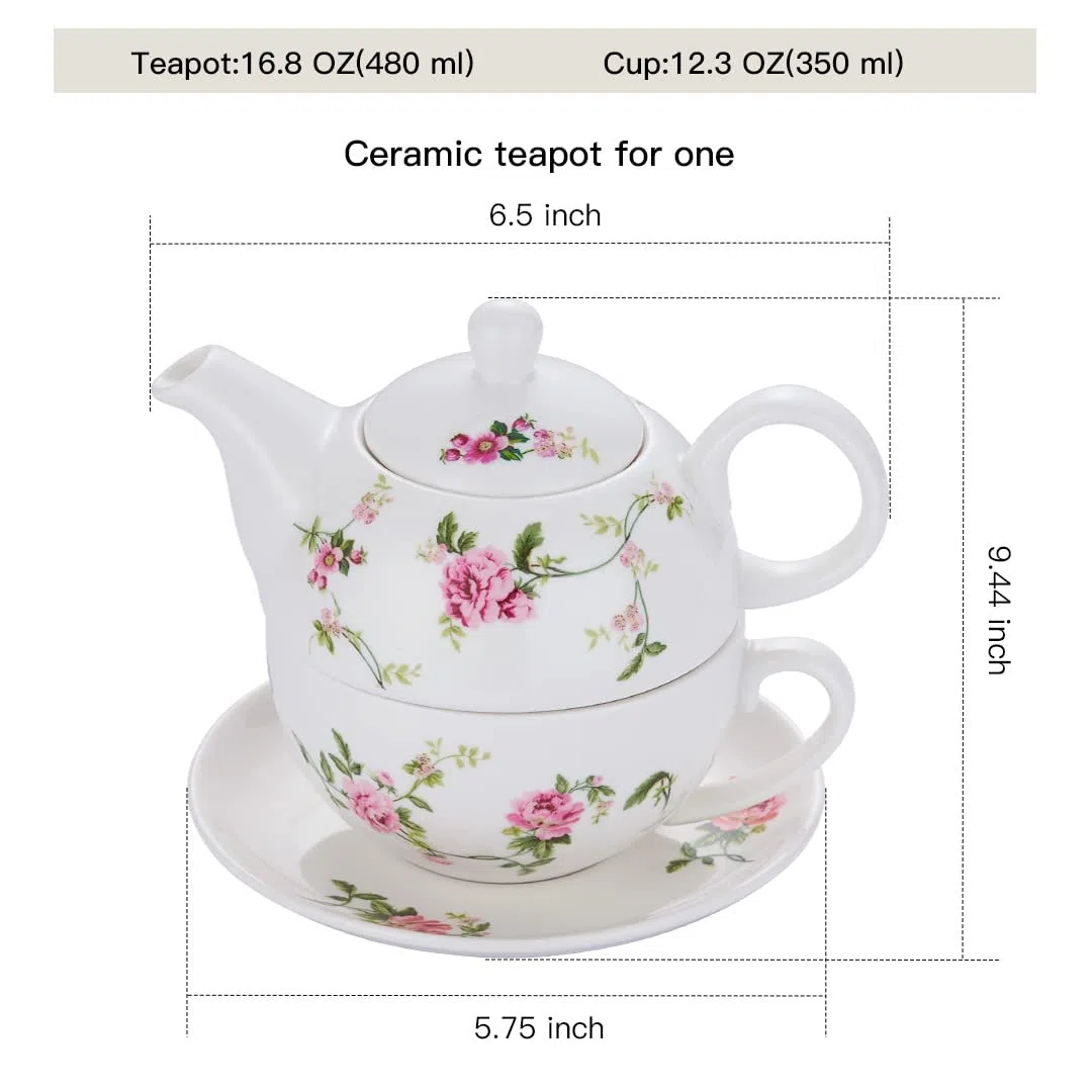 Juego de té de porcelana para uno, té de cerámica floral para una tetera y taza, juego de té de flores de ratán de 12 onzas, regalo para mujeres