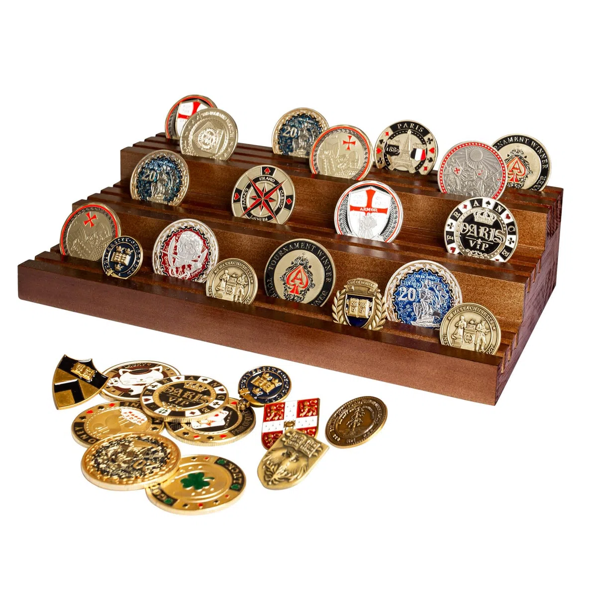 Estantería para Monedas de Madera Maciza - Expositor Militar 3 Niveles con 9 Filas Organizador de Colección para 55-80 Monedas, Decoración de Escritorio en Marrón Oscuro