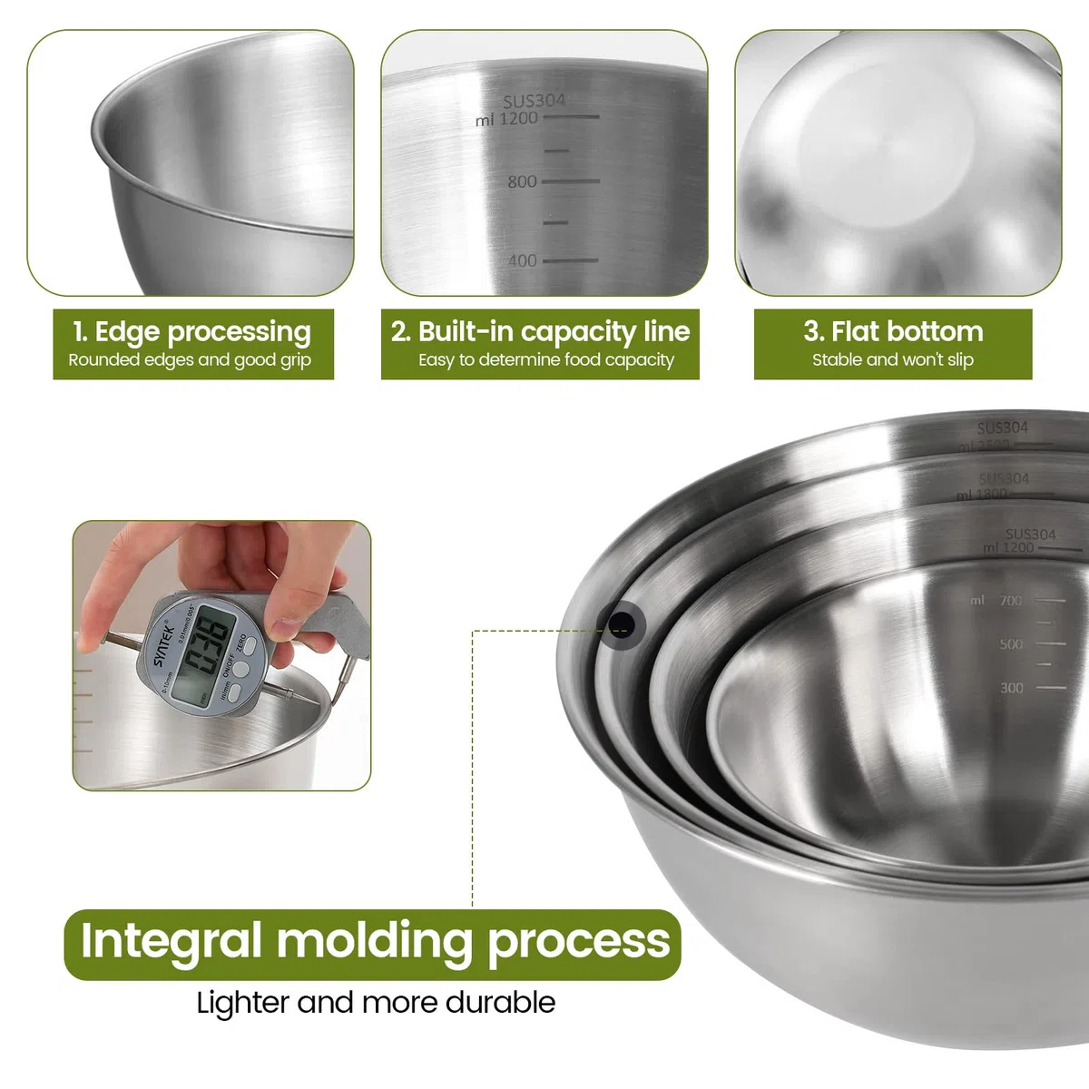 Cuencos Cocina Set de 4 Ensaladeras de Acero Inoxidable, 4 tamaños - 0.7 L/ 1.2 L/ 1.8 L/ 2.5 L, 4 Boles Aptos para Lavavajillas y Apilables