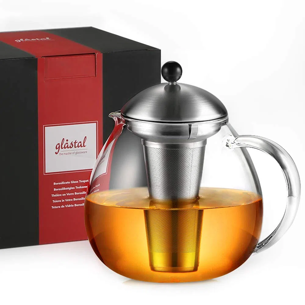 glastal - Tetera de cristal para tetera, 1500 ml, filtro de acero inoxidable, jarra de cristal, en la estufa
