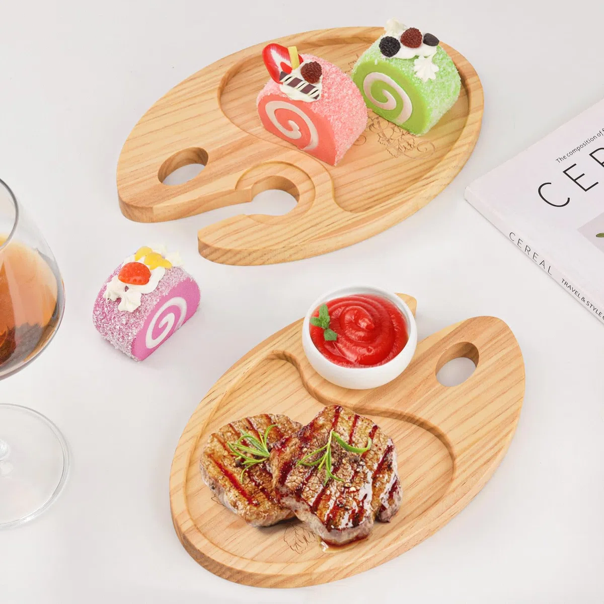 Platos para aperitivos de vino con soporte para copas de vino, mini tabla de embutidos, plato de queso de cóctel de madera, para fiestas, picnic, cumpleaños, reuniones familiares, 9 x 6, juego